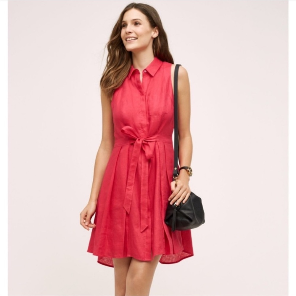 HD in Paris Size 2 Pink Linen Button Down Tie Waist Dress
